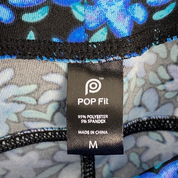 Pop Fit Leggings NWOT Womens Med Blue Black Floral Side Pockets Super Stretchy - Picture 6 of 9